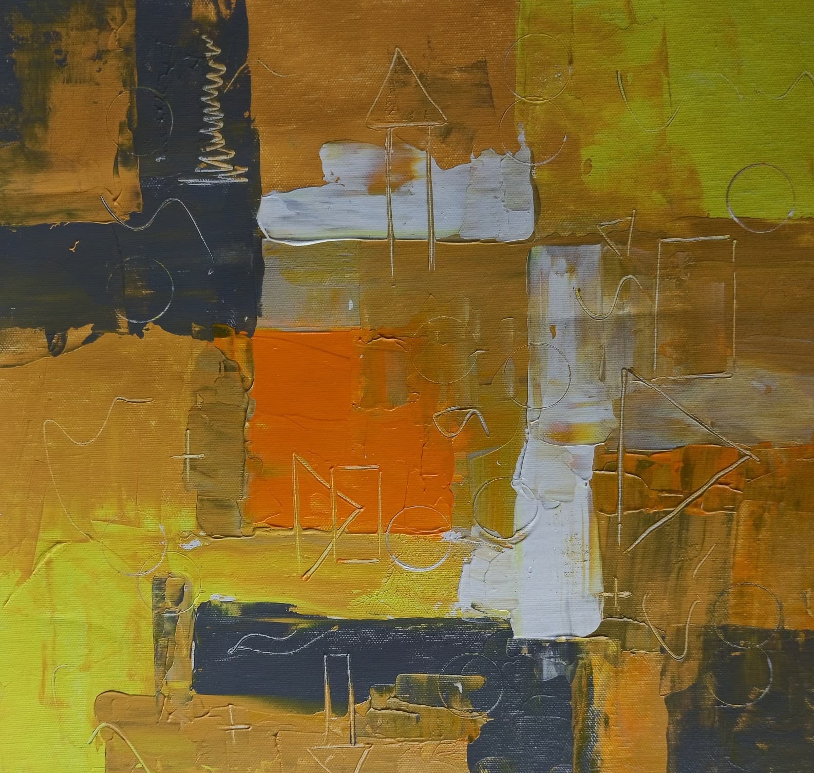Ochre, mustard and orange blocks crossed by dark grey bands, with scratched triangles and zigzags