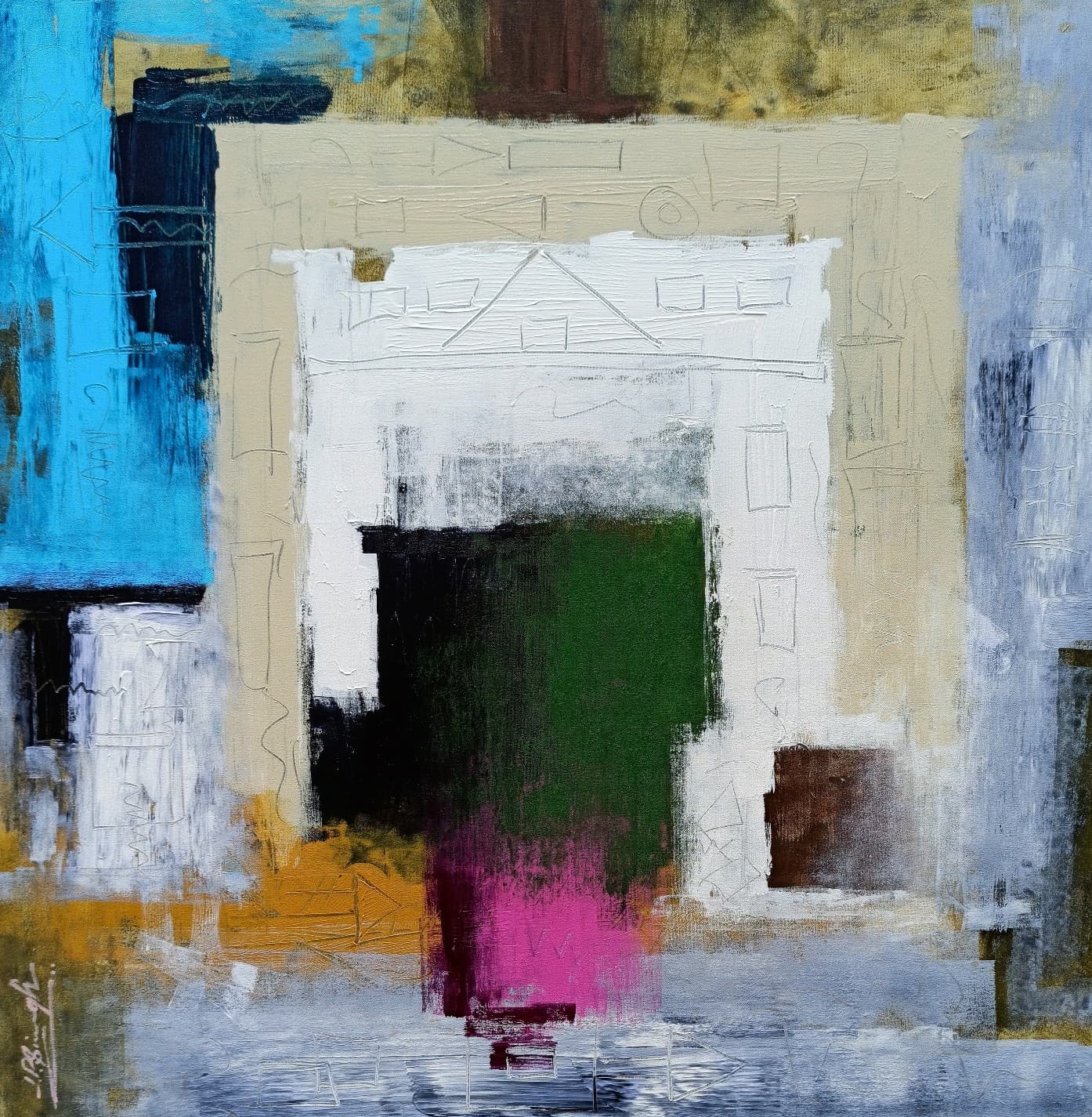 A white gateway shape around a black and green centre with magenta below, framed by sky blue, olive and grey