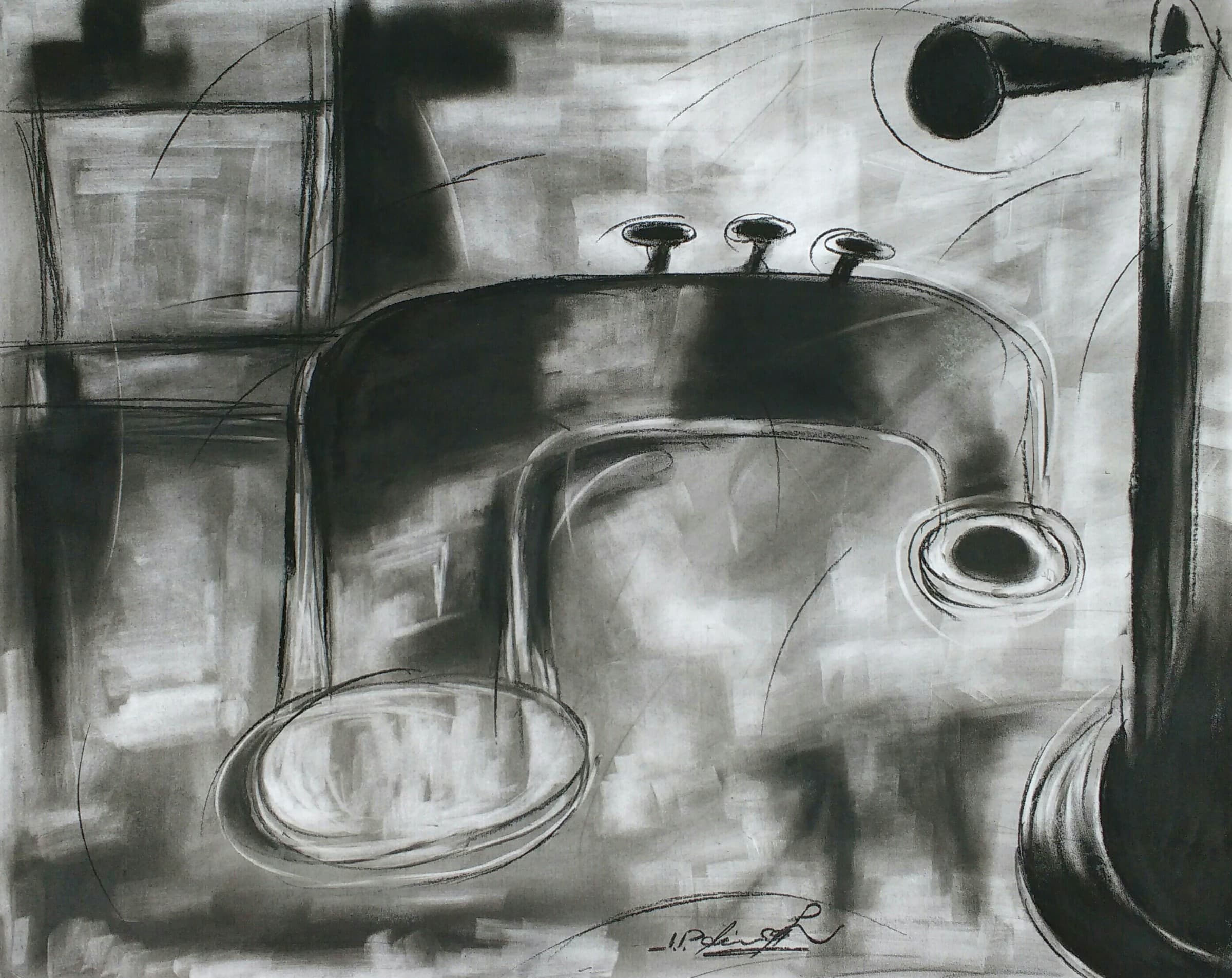 Charcoal drawing in black, white and grey of a trumpet with its valves, set among dark smudged shapes